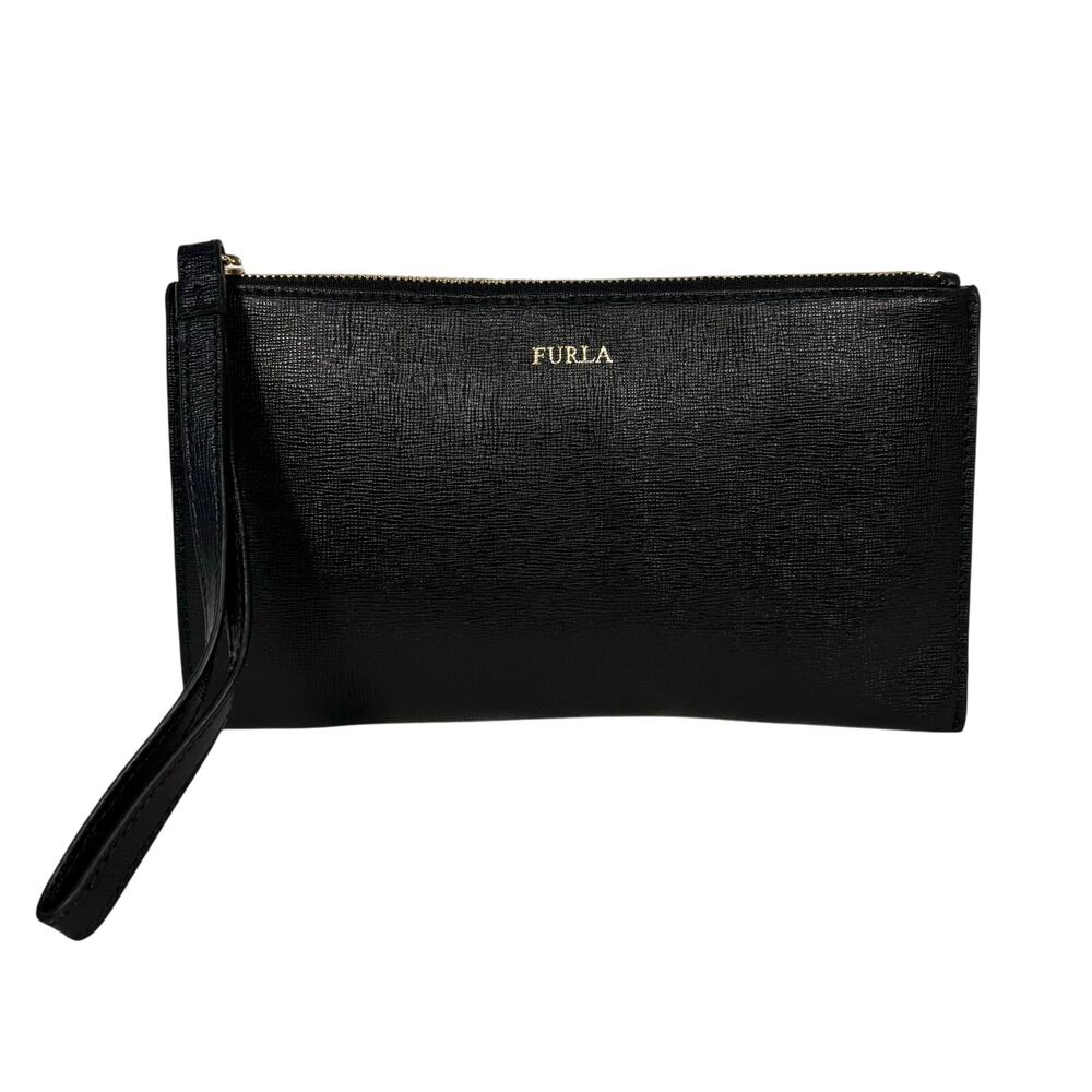 FURLA Italy Genuine Black Texture Leather Wristlet Wallet Clutch Envelope Bag
